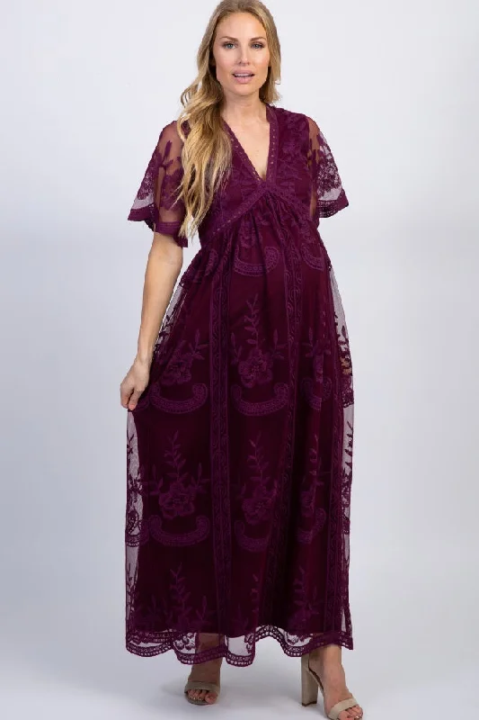 PinkBlush Deep Burgundy Lace Mesh Overlay Maternity Maxi Dress Comfortable Casual Maxi Dress