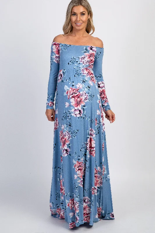 PinkBlush Light Blue Floral Off Shoulder Maternity Maxi Dress Trendy Button Front Maxi Dress PinkBlush Light Blue Floral Off Shoulder Maternity Maxi Dress Trendy Button Front Maxi Dress