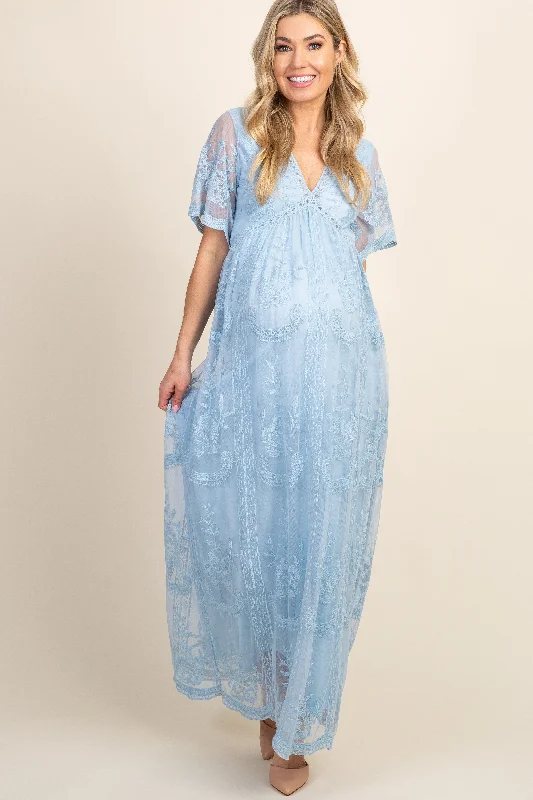 PinkBlush Light Blue Lace Mesh Overlay Maternity Maxi Dress Stylish Maxi Dress with Frills