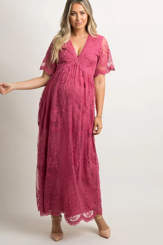 PinkBlush Magenta Lace Mesh Overlay Maternity Maxi Dress Comfortable Bohemian Maxi Dress