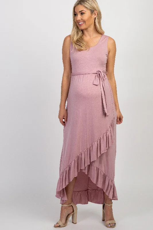 PinkBlush Mauve Sleeveless Hi-Low Ruffle Trim Maternity Maxi Dress Trendy Maxi Dress with Straps PinkBlush Mauve Sleeveless Hi-Low Ruffle Trim Maternity Maxi Dress Trendy Maxi Dress with Straps