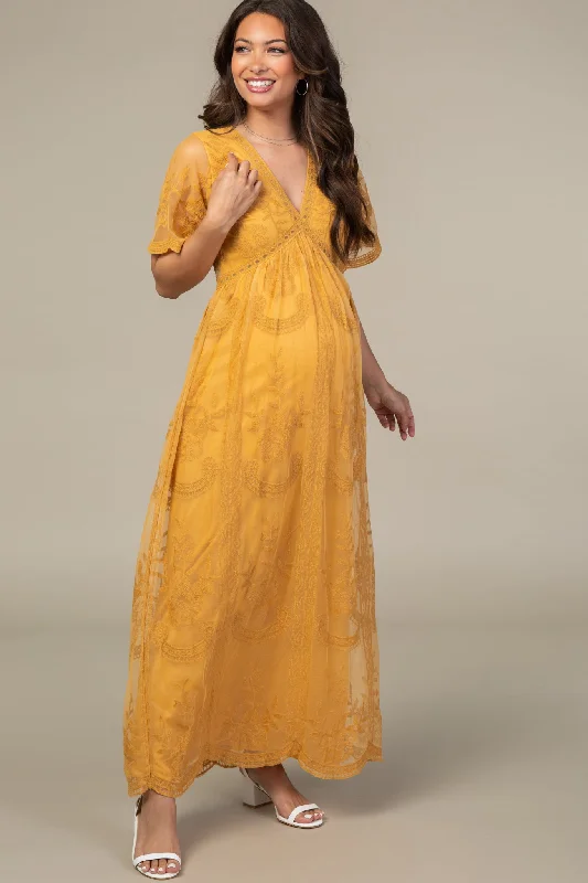 PinkBlush Mustard Lace Mesh Overlay Maternity Maxi Dress Comfortable Flowy Maxi Dress