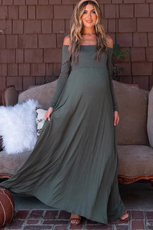 PinkBlush Petite Olive Solid Off Shoulder Maternity Maxi Dress Elegant Maxi Dress with Pockets