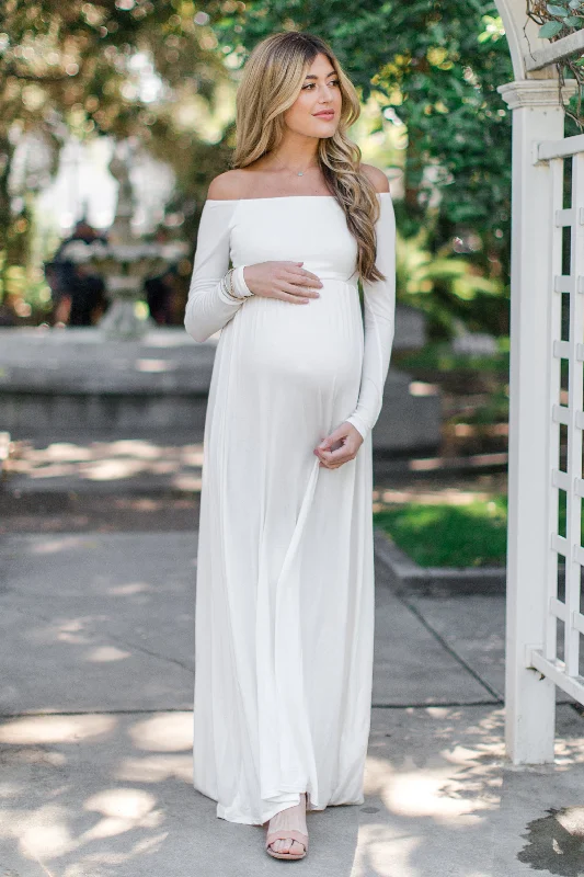 PinkBlush Tall Ivory Solid Off Shoulder Maternity Maxi Dress Fashionable High-Low Maxi Dress