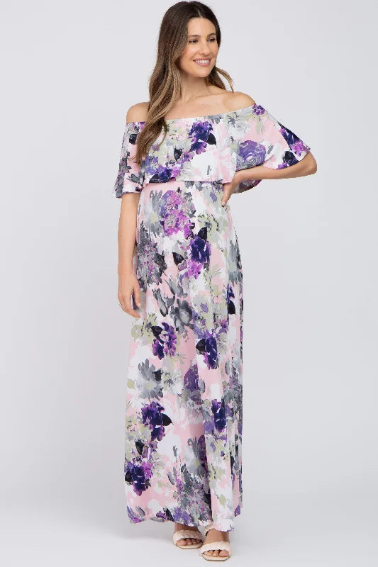 Purple Floral Ruffle Off Shoulder Maternity Maxi Dress Elegant Pleated Maxi Dress