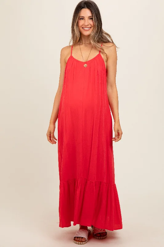 Red Crochet Lace Back Maternity Maxi Dress Cozy Open-Back Maxi Dress