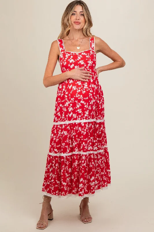 Red Floral Lace Trim Tiered Maternity Maxi Dress Elegant Lace Maxi Dress