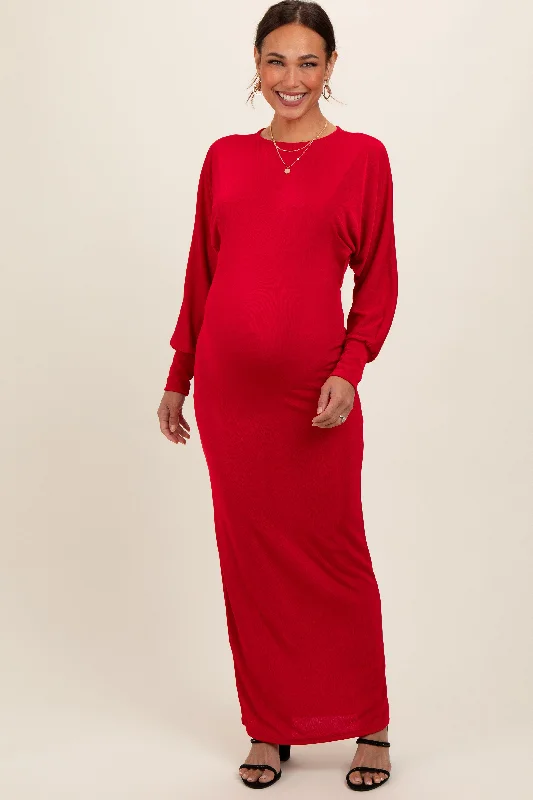 Red Long Sleeve Open Back Maternity Maxi Dress Comfortable Maxi Dress with Belt