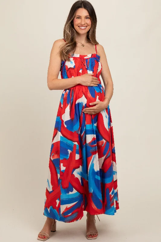 Red Pleated Binding Brushed Print Maternity Maxi Dress Comfortable Bohemian Maxi Dress