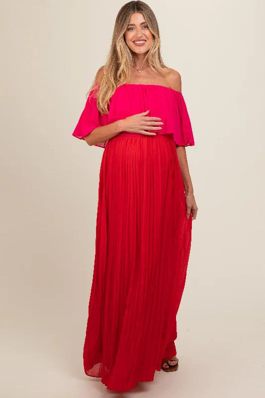 Red Pleated Off Shoulder Colorblock Maternity Maxi Dress Comfortable Cotton Maxi Dress