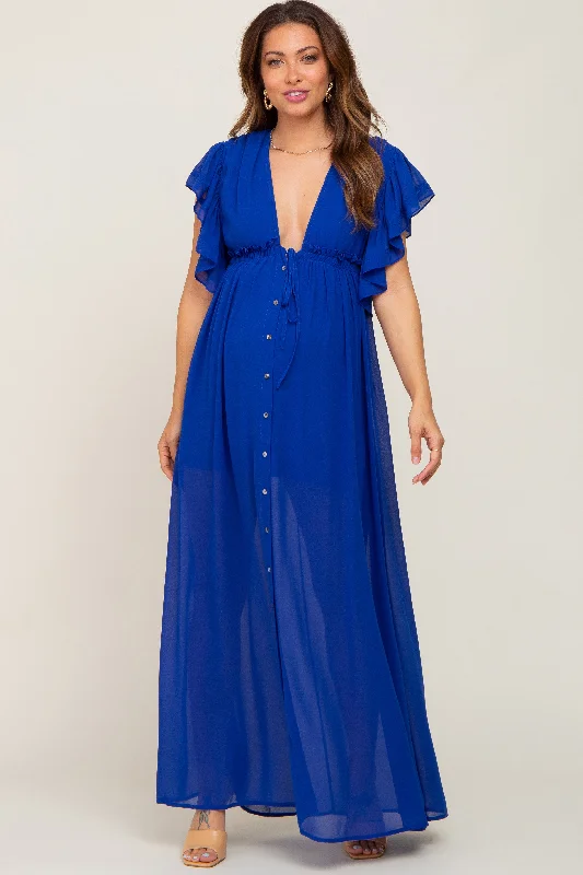 Royal Blue Flounce Button Front Maternity Maxi Dress Stylish Pleated A-Line Maxi Dress Royal Blue Flounce Button Front Maternity Maxi Dress Stylish Pleated A-Line Maxi Dress