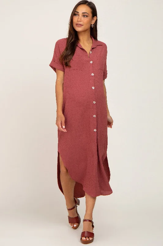 Rust Button Down Hi Low Maternity Maxi Dress Cozy Maxi Dress with Slit