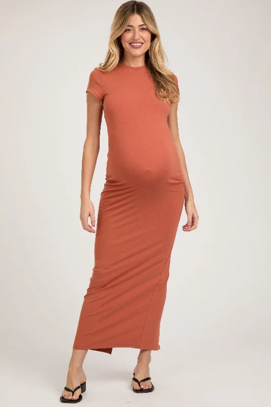 Rust Fitted Short Sleeve Maternity Maxi Dress Elegant Wraparound Maxi Dress