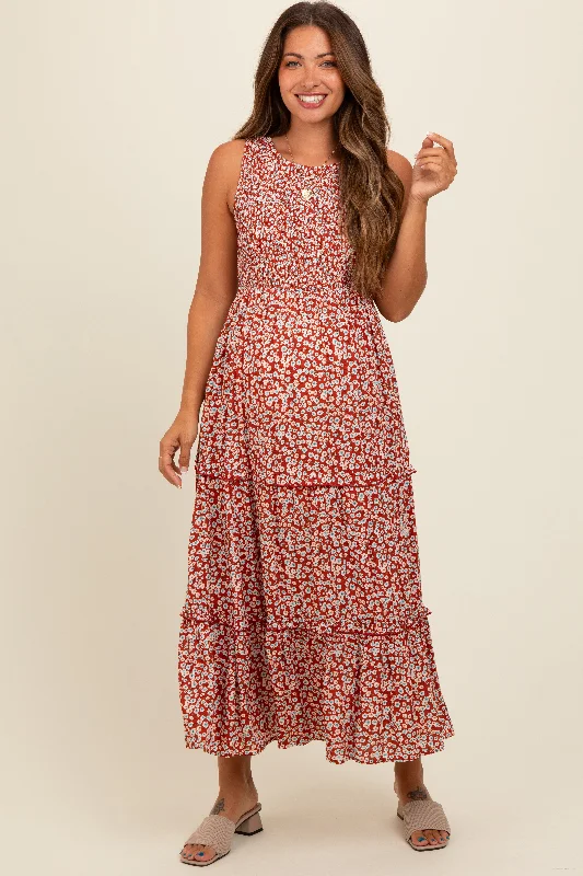 Rust Floral Sleeveless Ruffle Tiered Maternity Maxi Dress Fashionable Layered Maxi Dress