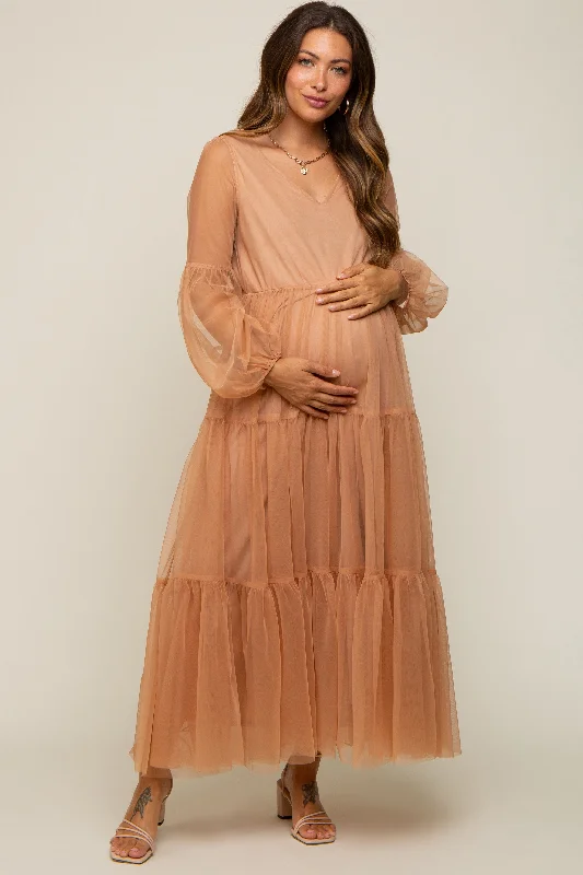 Rust Mesh Overlay Tiered Maternity Maxi Dress Elegant Lace Maxi Dress