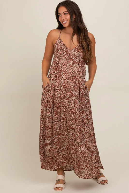 Rust Paisley Babydoll Cami Strap Maternity Maxi Dress Fashionable Printed Maxi Dress