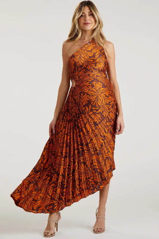 Rust Pleated Print One Shoulder Maternity Maxi Dress Stylish Button-Up Maxi Dress