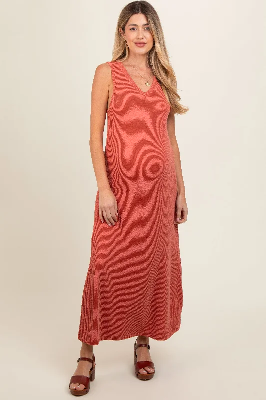 Rust Sleeveless Ribbed Maternity Maxi Dress Cozy Maxi Dress with Slit