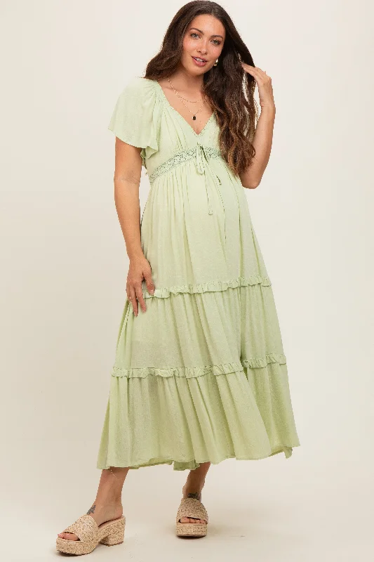 Sage Crochet Lace Tiered Ruffle Maternity Maxi Dress Stylish Maxi Dress with Pleats