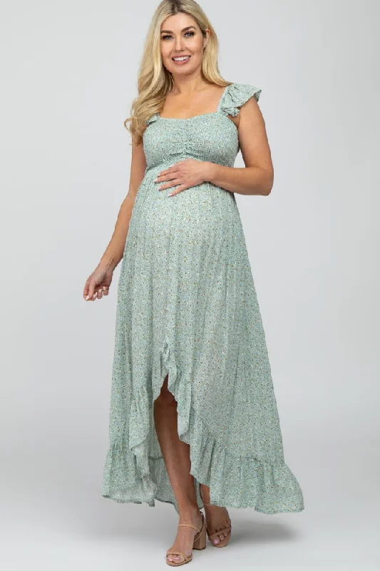 Sage Floral Smocked Hi-Low Maternity Maxi Dress Trendy Maxi Dress with Straps