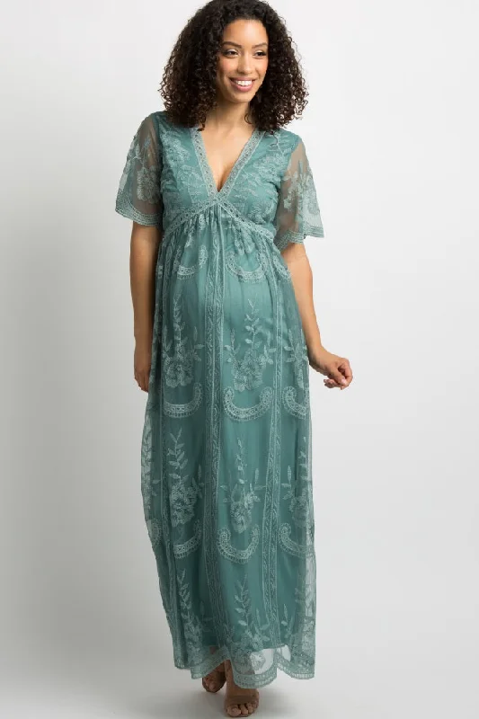 Sage Lace Mesh Overlay Maternity Maxi Dress Cozy Cold-Shoulder Maxi Dress