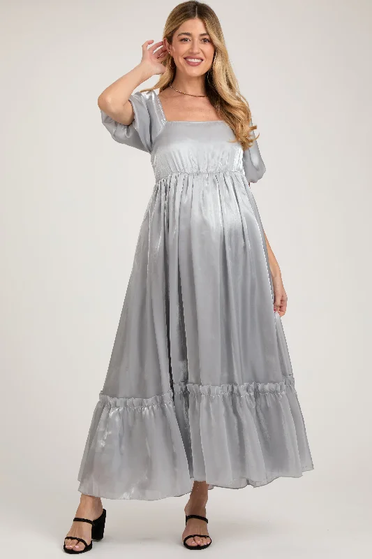 Silver Satin Square Neck Short Puff Sleeve Maternity Maxi Dress Cozy Maxi Dress with Slit