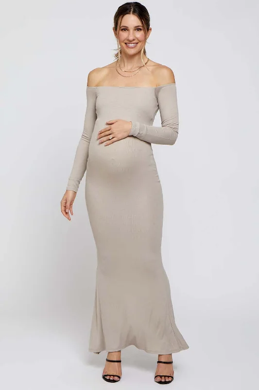 Taupe Ribbed Off Shoulder Long Sleeve Maternity Maxi Dress Fashionable High-Waist Maxi Dress