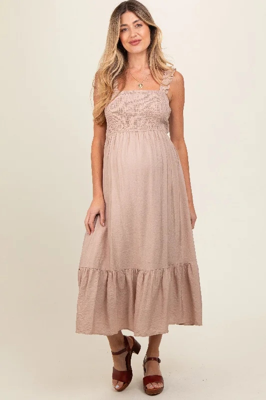 Taupe Smocked Bodice Maternity Maxi Dress Trendy Printed Maxi Dress