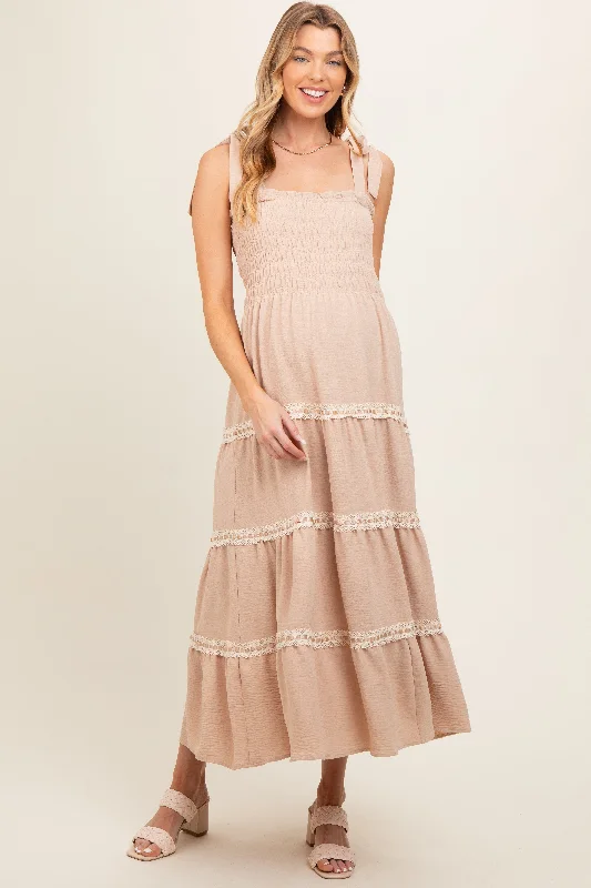 Taupe Smocked Maternity Maxi Dress Cozy Ribbed Maxi Dress