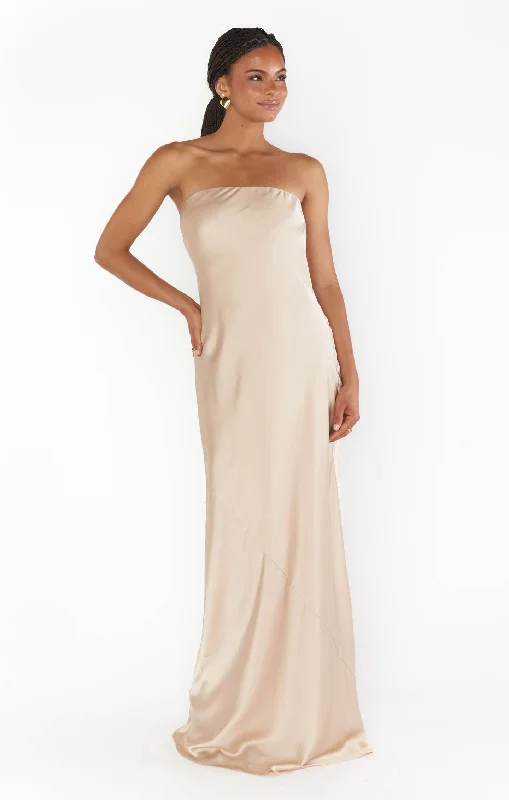 Taylor Tube Maxi Dress ~ Champagne Luxe Satin Comfortable Casual Maxi Dress