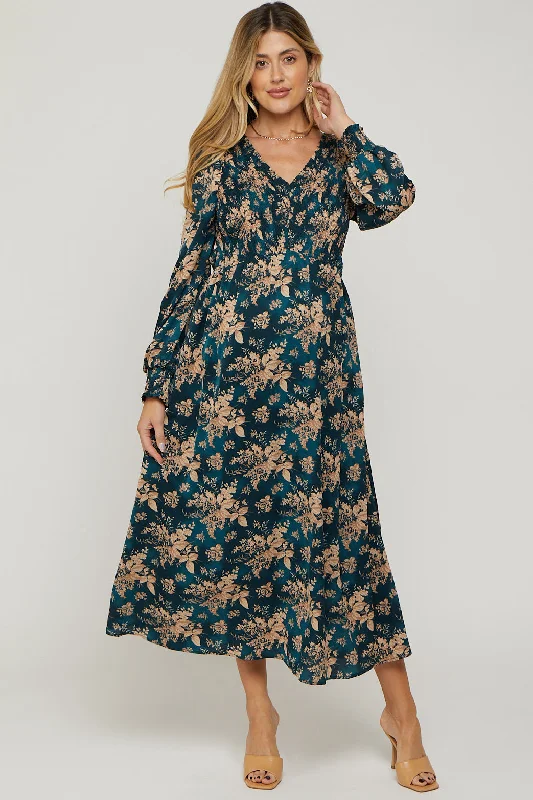 Teal Floral Long Sleeve Maternity Maxi Dress Casual Maxi Dress with Pockets