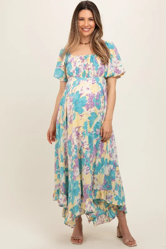 Teal Floral Puff Sleeve Handkerchief Hem Maternity Maxi Dress Comfortable Maxi Dress with Sleeves