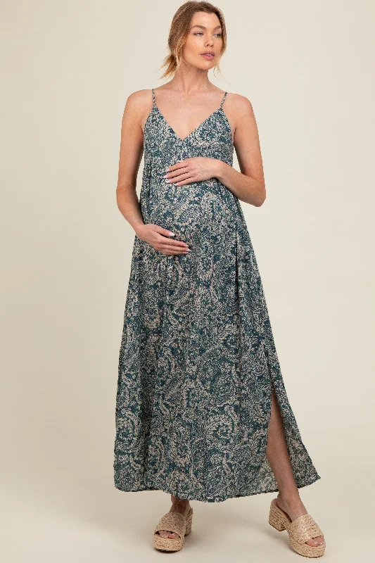 Teal Paisley Babydoll Cami Strap Maternity Maxi Dress Elegant Tiered Maxi Dress