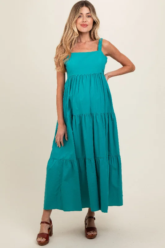 Teal Square Neck Cut Out Back Tiered Maternity Maxi Dress Stylish Pleated A-Line Maxi Dress