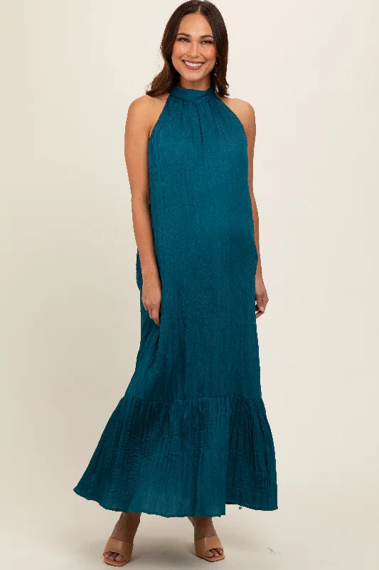 Teal Textured Halter Tie Maternity Maxi Dress Cozy Wrap Maxi Dress