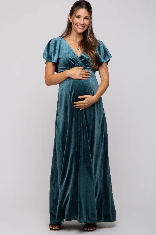 Teal Velvet Maternity Maxi Dress Trendy Floral Print Maxi Dress