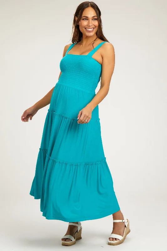 Turquoise Sleeveless Tiered Maternity Maxi Dress Fashionable Maxi Dress with Fringe