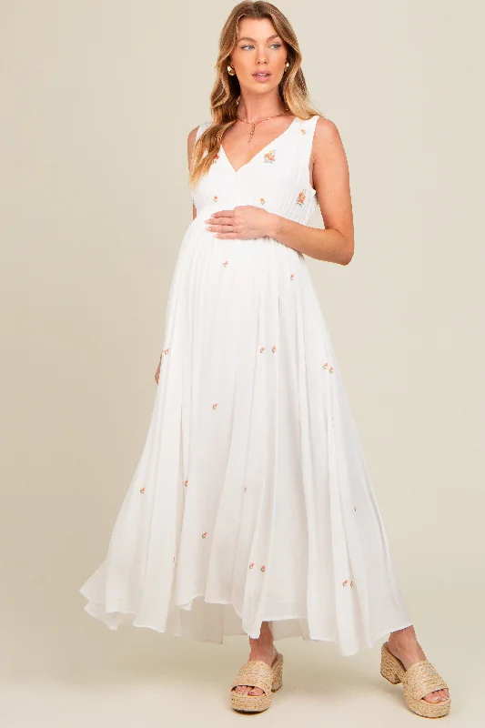 White Floral Embroidered Sleeveless Maternity Maxi Dress Stylish Off-Shoulder Maxi Dress