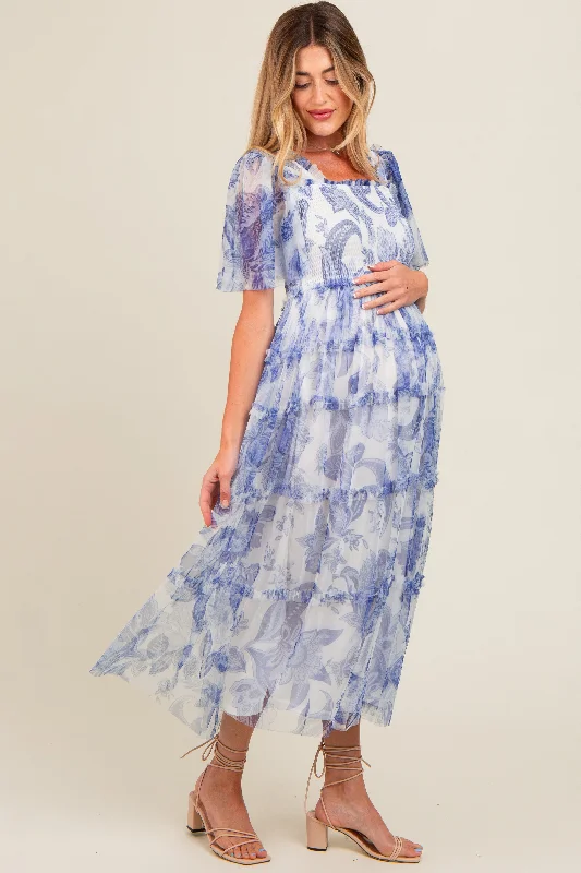 White Floral Smocked Tulle Maternity Maxi Dress Fashionable Chiffon Tiered Maxi Dress