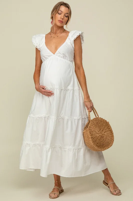 White Ruffle Trim Maternity Maxi Dress Elegant Lace-Up Maxi Dress