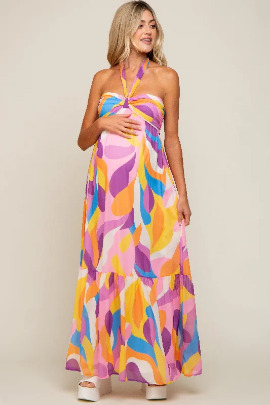 Yellow Printed Halter Maternity Maxi Dress Trendy Maxi Dress with Belt