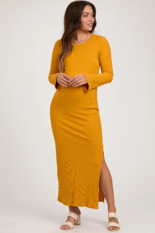 Yellow Ribbed Side Slit Maternity Maxi Dress Comfortable Cotton Maxi Dress