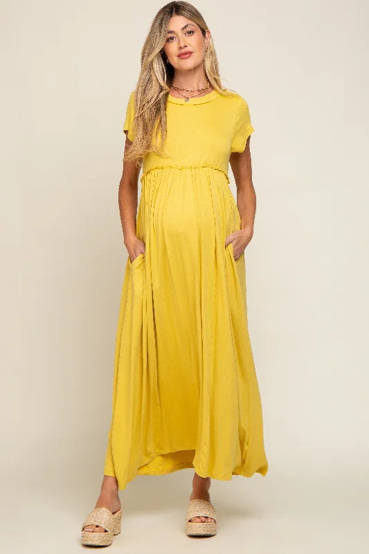 Yellow Short Sleeve Pocketed Maternity Maxi Dress Comfortable Maxi Dress with Slits