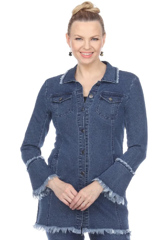 "Kelly" Medium Wash Long Denim Jacket A-Line Jacket Boat Neck Shawl Collar