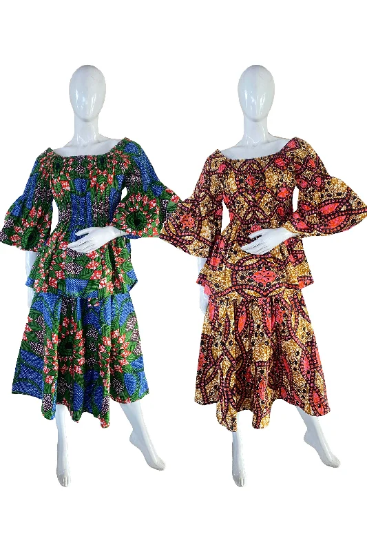 African Midi Skirt and Smoked Peplum Blouse (Pack of 2 Pieces) lace skirt delicate