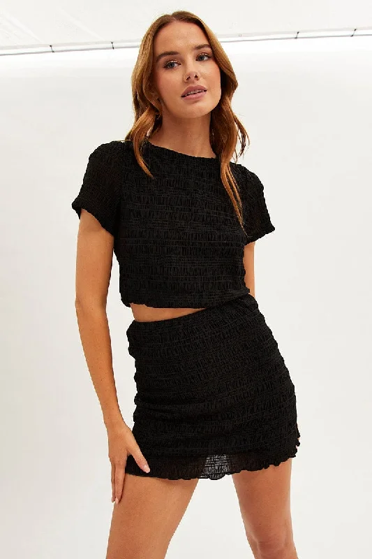 Black Mini Skirt Bodycon Mesh Textured Detail floral skirt print