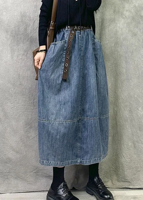 Blue Elastic Waist Patchwork Denim A Line Skirts Pockets maxi skirt elegant