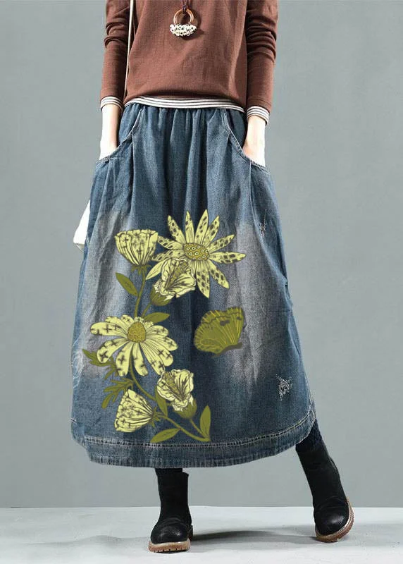 Blue-green flower Pockets Retro Patchwork Summer Skirts Denim lace skirt romantic