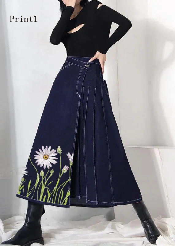 Boho denim blue-print1 zippered asymmetrical design Summer Skirt lace skirt romantic