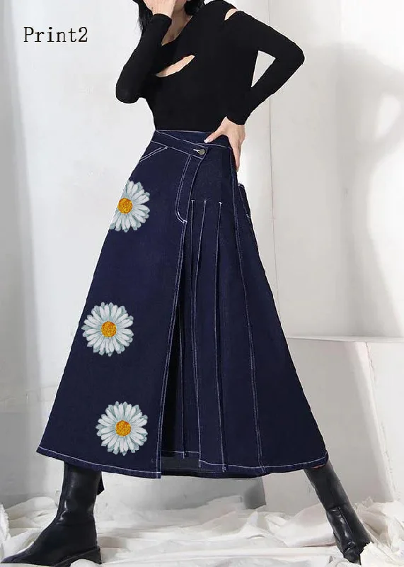 Boho denim blue-print2 zippered asymmetrical design Summer Skirt velvet skirt plush